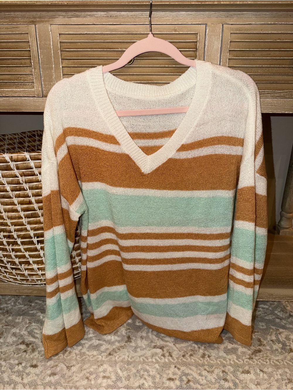 Striped V-Neck Sweater in Cream, Mint & Tan